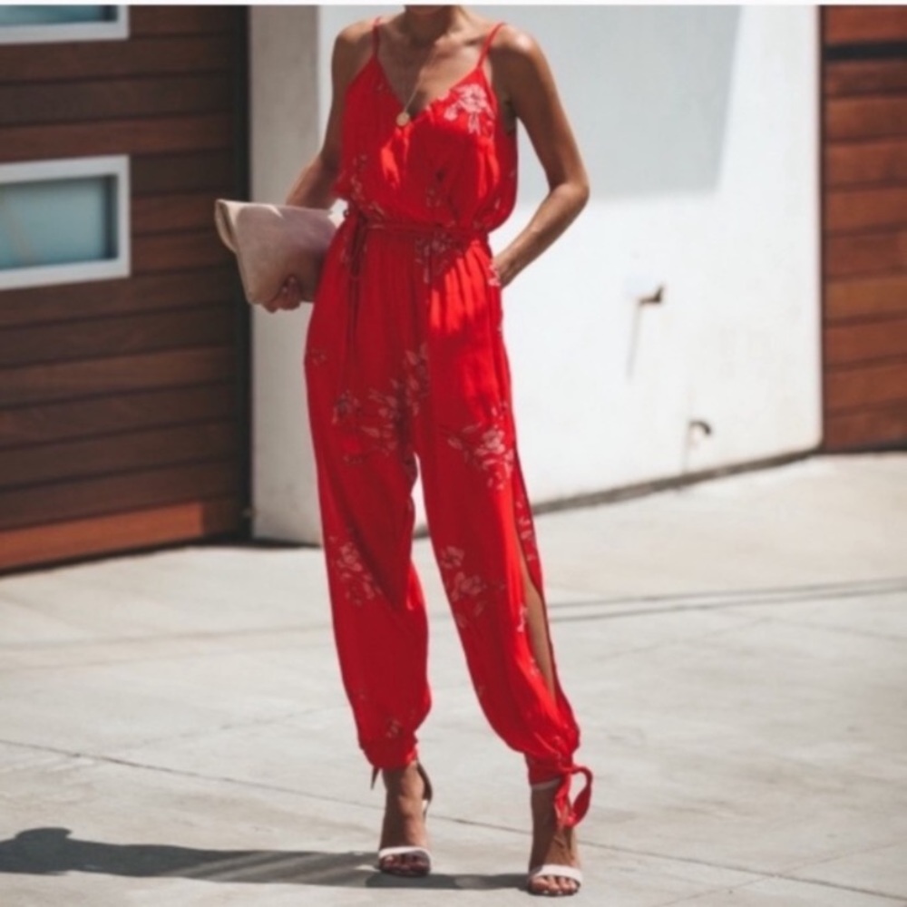 Vici Red Floral Split Leg Jumpsuit